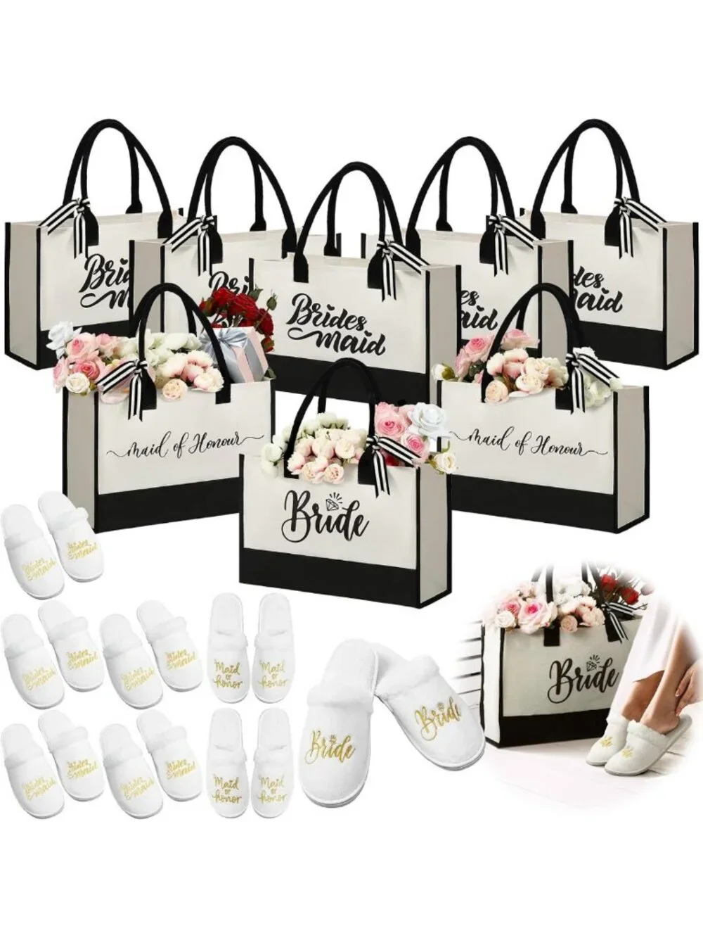 Bridesmaid Gift Tote Bags & Wedding Slippers Set - 16 Pcs for Bridal Party